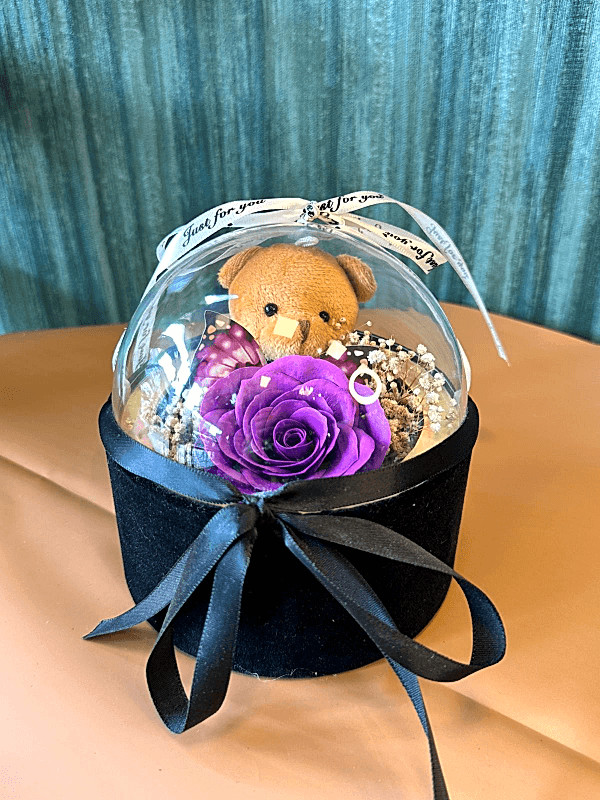 Gaziantep Çiçek Siparişi - Ufo Fanusta Mor Tek Gül & Ayıcık